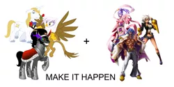 Size: 2000x1000 | Tagged: safe, derpibooru import, gilda, king sombra, prince blueblood, gryphon, all caps, amane nishiki, azrael, blazblue, blazblue chronophantasma, bullet, exploitable meme, make it happen, meme