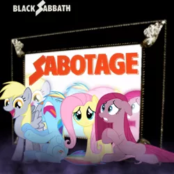 Size: 812x812 | Tagged: safe, artist:kawshee, derpibooru import, derpy hooves, fluttershy, pinkie pie, rainbow dash, ponified, earth pony, pegasus, pony, album cover, background pony, black sabbath, female, heavy metal, mare, metal, parody, pinkamena diane pie, ponified album cover, sabotage