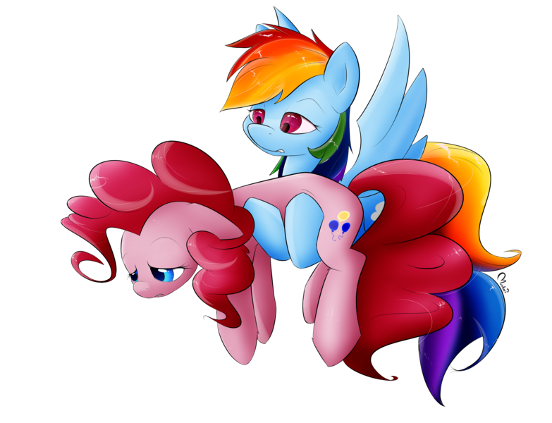 Size: 3000x2300 | Tagged: safe, artist:munkari, derpibooru import, pinkie pie, rainbow dash, earth pony, pegasus, pony, too many pinkie pies, carrying, female, floppy ears, mare, sad, scene interpretation, simple background, transparent background