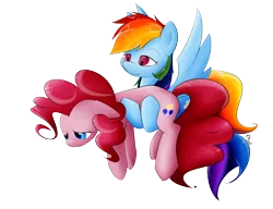 Size: 3000x2300 | Tagged: safe, artist:munkari, derpibooru import, pinkie pie, rainbow dash, earth pony, pegasus, pony, too many pinkie pies, carrying, female, floppy ears, mare, sad, scene interpretation, simple background, transparent background