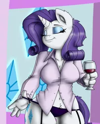 Size: 1862x2300 | Tagged: alcohol, anthro, artist:efrejok, belly button, breasts, busty rarity, cleavage, clothes, curvy, derpibooru import, female, midriff, panties, rarity, suggestive, underass, underwear, wide hips, wine