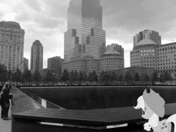 Size: 2592x1936 | Tagged: safe, artist:adrianimpalamata, derpibooru import, applejack, human, pony, 9/11, black and white, grayscale, irl, national september 11th memorial, new york, new york city, photo, ponies in real life, vector