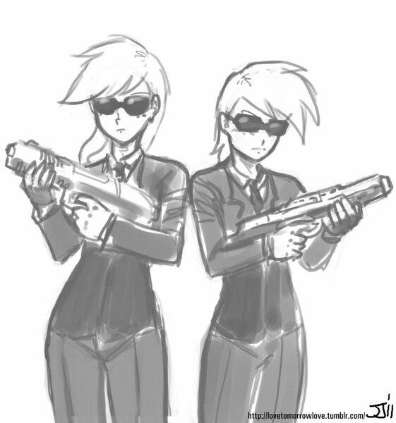 Size: 748x800 | Tagged: applejack, artist:johnjoseco, crossover, derpibooru import, grayscale, human, humanized, men in black, monochrome, rainbow dash, safe