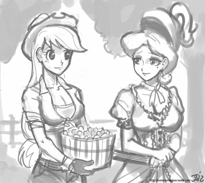 Size: 800x711 | Tagged: applejack, artist:johnjoseco, breasts, busty applejack, busty cherry jubilee, cherry jubilee, cleavage, derpibooru import, female, grayscale, human, humanized, monochrome, safe