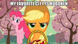 Size: 960x540 | Tagged: safe, derpibooru import, edit, edited screencap, screencap, applejack, pinkie pie, earth pony, pony, the last roundup, cherry, cherry orchard, cherry tree, duo, female, food, funny words, image macro, mare, orchard, tree, yellow cherry