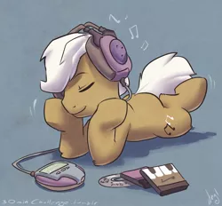 Size: 1000x927 | Tagged: safe, artist:atryl, derpibooru import, frederic horseshoepin, pony, cd, crush, cute, eyes closed, fluffy, fredscratch, headphones, listening, male, music, prone, shipping, smiling, stallion, straight