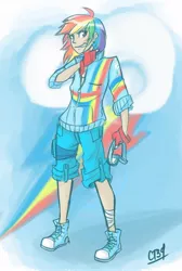 Size: 600x894 | Tagged: artist:coin-trip39, bandage, clothes, converse, derpibooru import, fingerless gloves, gloves, goggles, humanized, jacket, rainbow dash, safe, shoes, shorts, solo