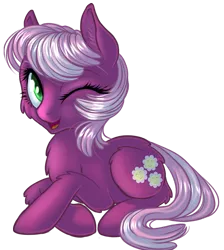 Size: 579x647 | Tagged: safe, artist:kittehkatbar, derpibooru import, cheerilee, earth pony, pony, cheeribetes, chest fluff, cute, female, fluffy, mare, one eye closed, prone, simple background, smiling, solo, transparent background, wink