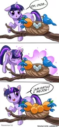 Size: 400x856 | Tagged: safe, artist:innuendo88, artist:racoonsan, derpibooru import, orange bird, twilight sparkle, pony, unicorn, :o, eyes closed, female, magic, mare, open mouth, orange, orangified, raised hoof, simple background, smiling, spanish, transformation, translation, unicorn twilight, wat, white background