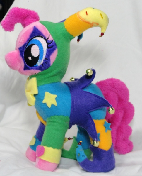 Size: 2504x3100 | Tagged: safe, artist:cryptic-enigma, derpibooru import, pinkie pie, pony, irl, jester, jester pie, photo, plushie, solo