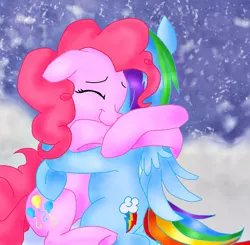 Size: 917x900 | Tagged: safe, artist:h00fbump, derpibooru import, pinkie pie, rainbow dash, female, hug, lesbian, pinkiedash, shipping, snow, snowfall