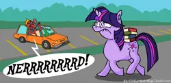 Size: 975x471 | Tagged: 30 minute art challenge, artist:brutamod, artist:cybersp0nge, book, car, crackle, derpibooru import, dragon, garble, nerd, parking lot, parody, revenge of the nerds, safe, the simpsons, twilight sparkle