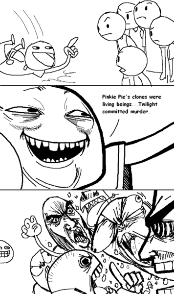 Size: 482x813 | Tagged: artist:ponyflea, comic, derpibooru import, human, meme, monochrome, pinkie clone debate, rage comic, safe, text, too many pinkie pies, trollbait