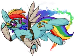 Size: 696x530 | Tagged: safe, artist:xnir0x, derpibooru import, rainbow dash, earth pony, pony, alternate universe, flying, goggles, race swap, steampunk