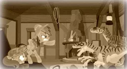 Size: 829x453 | Tagged: artist:ebelesaurus, artist:feathertail, artist:fedora, carnifax, daring do, derpibooru import, dinosaur, dinosaurs, fanfic, film grain, jurassic park, jurassic park legacy, live the legend, safe, scootaround, sepia, velociraptor