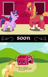 Size: 1250x2000 | Tagged: safe, artist:hakar-kerarmor, derpibooru import, applejack, big macintosh, twilight sparkle, earth pony, pony, unicorn, 2 panel comic, barn, butt, comic, female, implied sex, male, mare, plot, stallion, straight, twimac