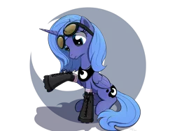 Size: 1600x1200 | Tagged: safe, artist:xn-d, derpibooru import, princess luna, alicorn, pony, boots, confused, crescent moon, female, frown, goggles, hoof boots, looking down, mare, moon, raised hoof, s1 luna, simple background, sitting, solo, transparent background
