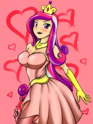 Size: 1500x2000 | Tagged: artist:true-artist-mas, blushing, breasts, busty princess cadance, cleavage, cute, cutedance, derpibooru import, female, heart, human, humanized, looking at you, open mouth, princess cadance, ring, safe, smiling, solo