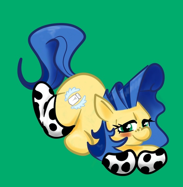 Size: 1021x1043 | Tagged: source needed, questionable, artist:wizardski, derpibooru import, oc, oc:milky way, unofficial characters only, pony, animal print clothing, blushing, clothes, cowprint, crotchboobs, female, impossibly large crotchboobs, mare, socks, solo, solo female