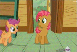 Size: 383x260 | Tagged: all new, animated, babs seed, butt bump, butt to butt, butt touch, derpibooru import, one bad apple, safe, scootaloo, screencap, text