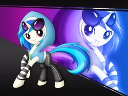 Size: 1200x900 | Tagged: artist needed, source needed, safe, artist:jdan-s, derpibooru import, vinyl scratch, pony, unicorn, clothes, female, glasses, hoodie, leggings, mare, my little pony, pants, smiling, solo, zoom layer