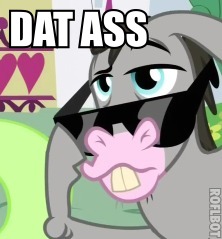 Size: 222x239 | Tagged: bucktooth, caption, cletus, cropped, dat butt, derpibooru import, hybrid, image macro, male, meme, mule, one bad apple, safe, screencap, sunglasses