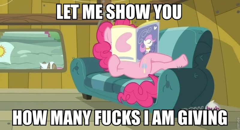 Size: 960x522 | Tagged: caption, couch, derpibooru import, image macro, magazine, no fucks, one bad apple, pinkie pie, safe, screencap, vulgar