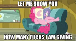 Size: 960x522 | Tagged: caption, couch, derpibooru import, image macro, magazine, no fucks, one bad apple, pinkie pie, safe, screencap, vulgar