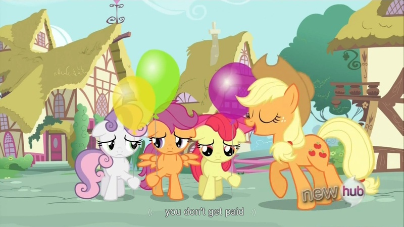 Size: 1176x662 | Tagged: apple bloom, applejack, balloon, cutie mark crusaders, derpibooru import, one bad apple, safe, scootaloo, screencap, sweetie belle, youtube caption