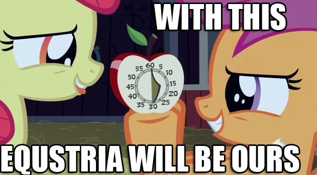 Size: 631x349 | Tagged: safe, derpibooru import, edit, edited screencap, screencap, apple bloom, scootaloo, pony, one bad apple, apple timer, duo, female, filly, foal, image macro, plotting, takeover, timer