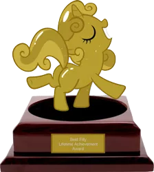 Size: 1199x1337 | Tagged: artist:chaos knux, artist:ocarina0ftimelord, award, best pony, derpibooru import, luster dust, one bad apple, plot, safe, statue, sweetie belle, sweetie gold