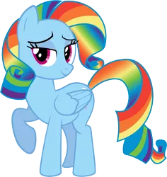 Size: 6095x6451 | Tagged: absurd resolution, alternate hairstyle, artist:lazypixel, derpibooru import, hilarious in hindsight, lidded eyes, looking at you, mane swap, rainbow dash, rainbow fash, raised hoof, safe, simple background, smiling, solo, transparent background, vector