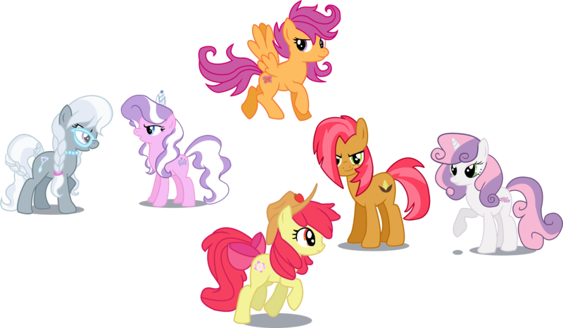 Size: 3367x1964 | Tagged: safe, artist:schnuffitrunks, derpibooru import, apple bloom, babs seed, diamond tiara, scootaloo, silver spoon, sweetie belle, earth pony, pegasus, pony, unicorn, cutie mark crusaders, glasses, older, older apple bloom, older babs seed, older diamond tiara, older scootaloo, older silver spoon, older sweetie belle, wrong cutie mark