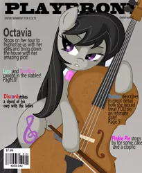 Size: 840x1024 | Tagged: dead source, safe, artist:w1kk3d, derpibooru import, octavia melody, earth pony, pony, bipedal, bipedal leaning, bow (instrument), cello, cello bow, cover, leaning, magazine, magazine cover, musical instrument, playbrony, text