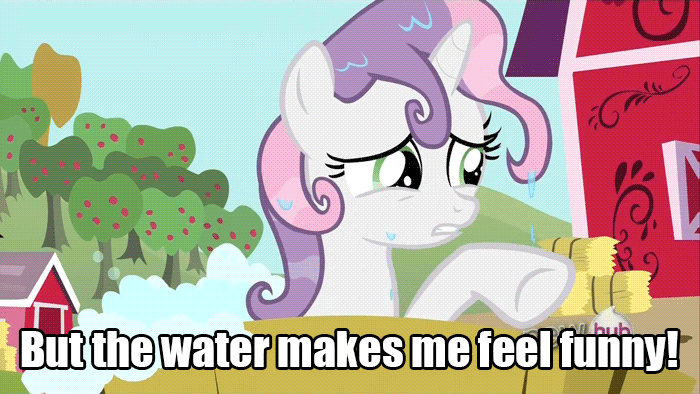 Size: 700x394 | Tagged: safe, derpibooru import, edit, edited screencap, screencap, sweetie belle, pony, robot, unicorn, friendship is witchcraft, one bad apple, animated, apple tree, bath, caption, eyes closed, female, filly, foal, gif, hilarious in hindsight, hooves, horn, image macro, meme, open mouth, outdoors, solo, sweetie bot, teeth, text, tree, water, wet mane