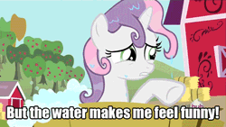 Size: 700x394 | Tagged: safe, derpibooru import, edit, edited screencap, screencap, sweetie belle, pony, robot, unicorn, friendship is witchcraft, one bad apple, animated, apple tree, bath, caption, eyes closed, female, filly, foal, gif, hilarious in hindsight, hooves, horn, image macro, meme, open mouth, outdoors, solo, sweetie bot, teeth, text, tree, water, wet mane