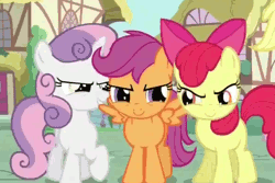 Size: 588x393 | Tagged: animated, apple bloom, applejack, cutie mark crusaders, derpibooru import, evil, evil laugh, glare, grin, laughing, nudge, one bad apple, open mouth, poking, safe, scootaloo, screencap, smiling, sweetie belle