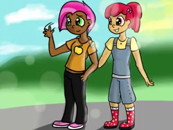Size: 800x600 | Tagged: apple bloom, artist:arianalovesyou, babs seed, boots, clothes, cousins, dark skin, derpibooru import, duo, freckles, human, human coloration, humanized, one bad apple, overalls, safe, shoes, smiling