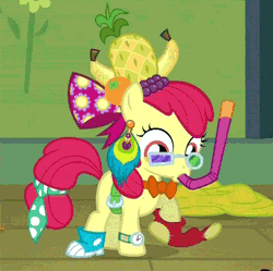 Size: 500x497 | Tagged: animated, apple bloom, banana, clothes, costume, derpibooru import, fruit, one bad apple, pineapple, safe, screencap, silly costume, snorkel