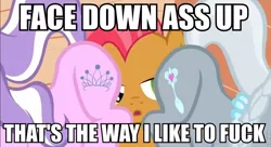 Size: 852x464 | Tagged: suggestive, derpibooru import, edit, edited screencap, screencap, babs seed, diamond tiara, silver spoon, earth pony, pony, one bad apple, bump bump sugar lump rump, caption, face down ass up, female, filly, image macro, implied foalcon, implied sex, vulgar