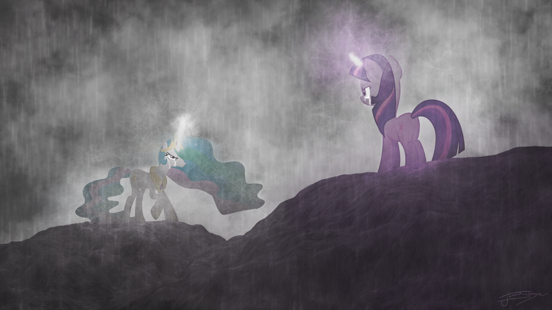 Size: 1920x1080 | Tagged: safe, artist:jamey4, derpibooru import, princess celestia, twilight sparkle, alicorn, pony, unicorn, fanfic, confrontation, crying, duo, ethereal mane, female, fight, magic, mare, plot, rain, series finale, this will end in incineration, twilight is anakin, unicorn twilight, wallpaper