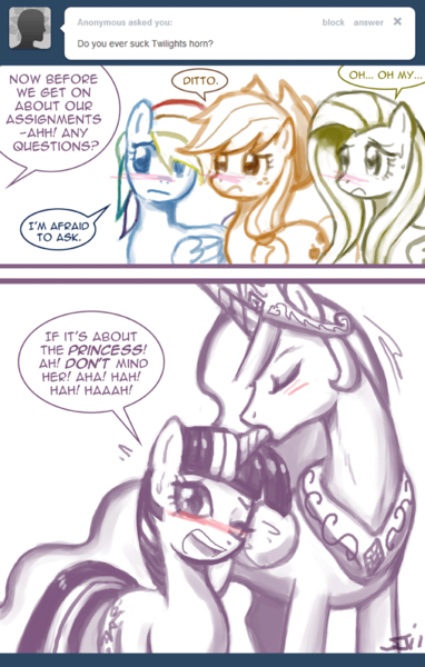 Size: 650x1022 | Tagged: questionable, artist:johnjoseco, derpibooru import, applejack, fluttershy, princess celestia, rainbow dash, twilight sparkle, alicorn, pony, unicorn, ask princess molestia, princess molestia, ask, blushing, casual sex, comic, crown, dialogue, eyes closed, female, freckles, hornjob, jewelry, lesbian, looking at you, moaning, multitasking, open mouth, oral, regalia, sex, shipping, speech bubble, sweat, sweatdrop, tumblr, twilestia