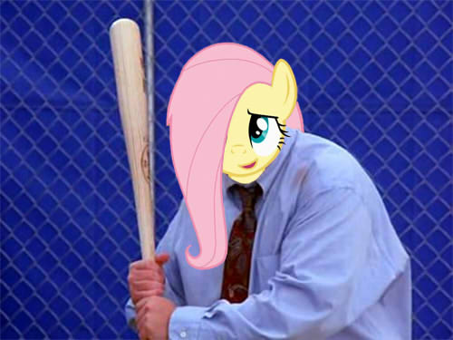 Size: 500x375 | Tagged: baseball bat, costanza face, crossover, derpibooru import, edit, face, fluttershy, george costanza, human, ishygddt, parody, safe, seinfeld, solo