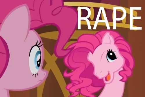 Size: 499x335 | Tagged: semi-grimdark, suggestive, derpibooru import, edit, edited screencap, screencap, pinkie pie, pony, too many pinkie pies, >rape, caption, clone, implied rape, pinkie blind, pinkie clone, raep tiem