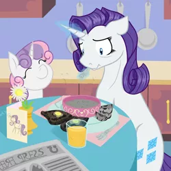 Size: 2000x2000 | Tagged: safe, artist:geomancing, deleted from derpibooru, derpibooru import, rarity, sweetie belle, pony, unicorn, breakfast, breakfast is ruined, duo, duo female, female, foal free press, juice, lethal chef, newspaper, scrunchy face, sisters, sweetie belle can't cook, sweetie fail, this will end in tears and/or breakfast, toast