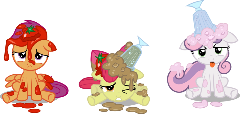 Size: 6278x3000 | Tagged: apple bloom, artist:firestorm-can, cutie mark crusaders, derpibooru import, milkshake, one bad apple, safe, scootaloo, simple background, sweetie belle, tomato, transparent background, vector