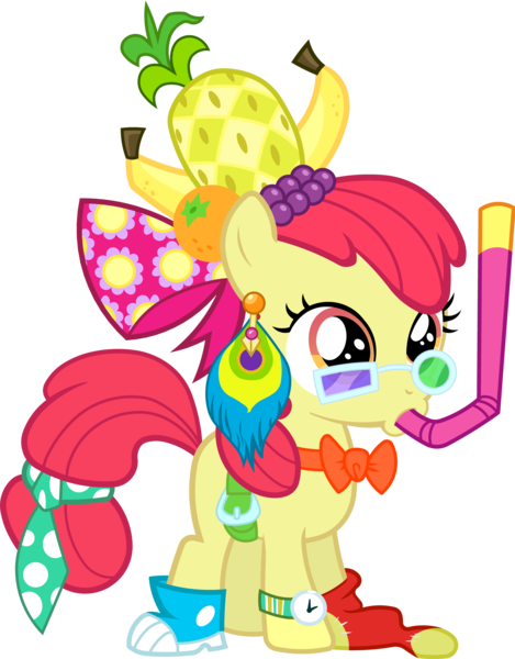 Size: 3121x3996 | Tagged: safe, artist:bobthelurker, derpibooru import, apple bloom, earth pony, pony, one bad apple, accessories, adorabloom, banana, clothes, costume, cute, female, filly, food, grapes, necktie, orange, pineapple, simple background, snorkel, transparent background, vector, watch, wristwatch