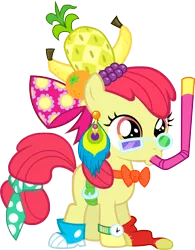 Size: 3121x3996 | Tagged: safe, artist:bobthelurker, derpibooru import, apple bloom, earth pony, pony, one bad apple, accessories, adorabloom, banana, clothes, costume, cute, female, filly, food, grapes, necktie, orange, pineapple, simple background, snorkel, transparent background, vector, watch, wristwatch