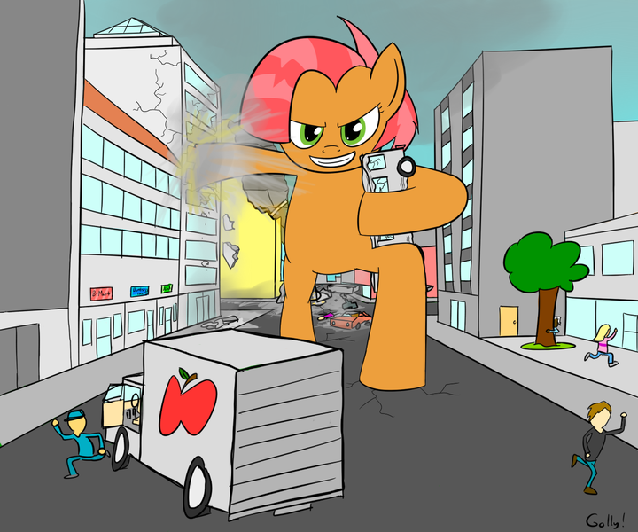 Size: 1200x1000 | Tagged: safe, artist:rapidstrike, derpibooru import, babs seed, earth pony, human, box truck, bus, car, city, cityscape, destruction, downtown, giantess, giant/macro earth pony, giant/macro/mega babs seed, macro, semi truck, street, tree