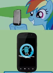 Size: 564x770 | Tagged: safe, derpibooru import, rainbow dash, android, pony, cyanogenmod, exploitable meme, meme, mobile phone, phone, tv meme